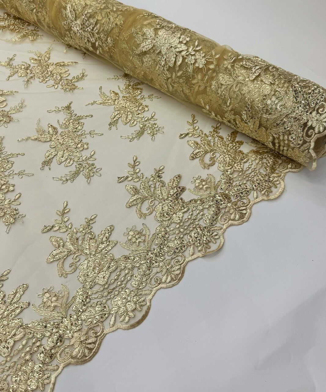 Gold Sequin Embroidered Lace Fabric by the Yard, 54" Wide Floral Mesh Lace with Double Scalloped Edges